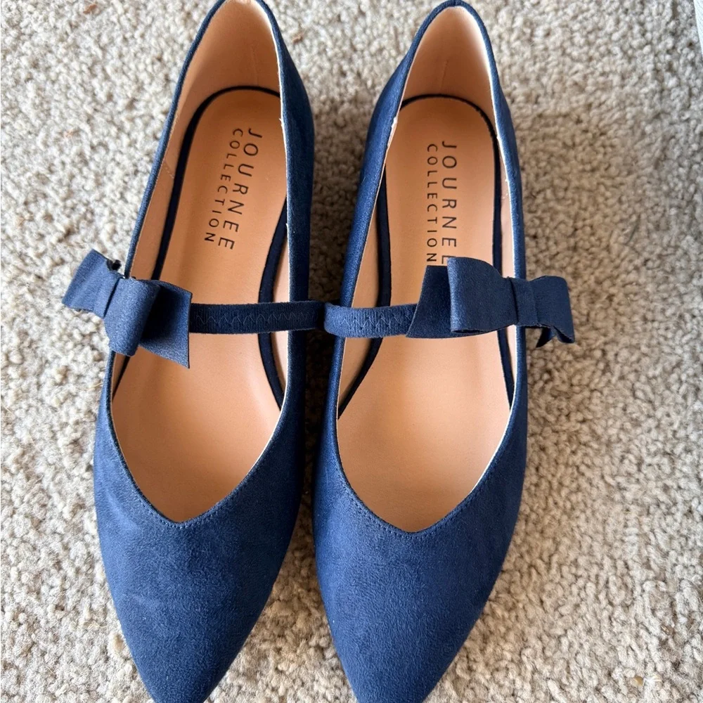 Navy Blue Pointed Toe Mary Jane Flats - Picture 2 of 3
